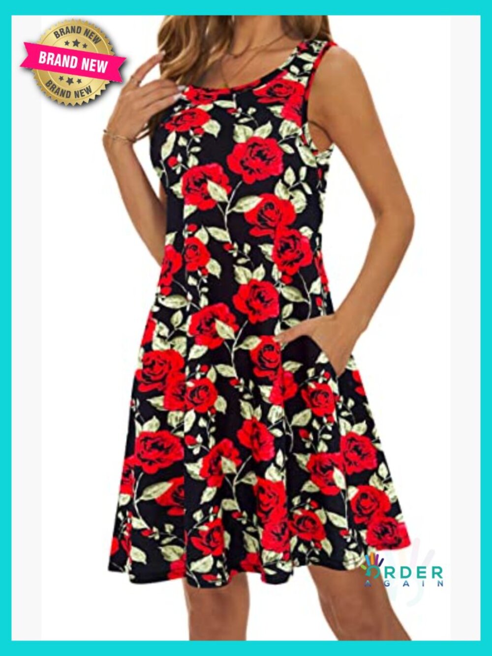 Sleeveless Swing Dress with Pockets Summer Casual Sundress Beach Cover-Up - Picture 2 of 7